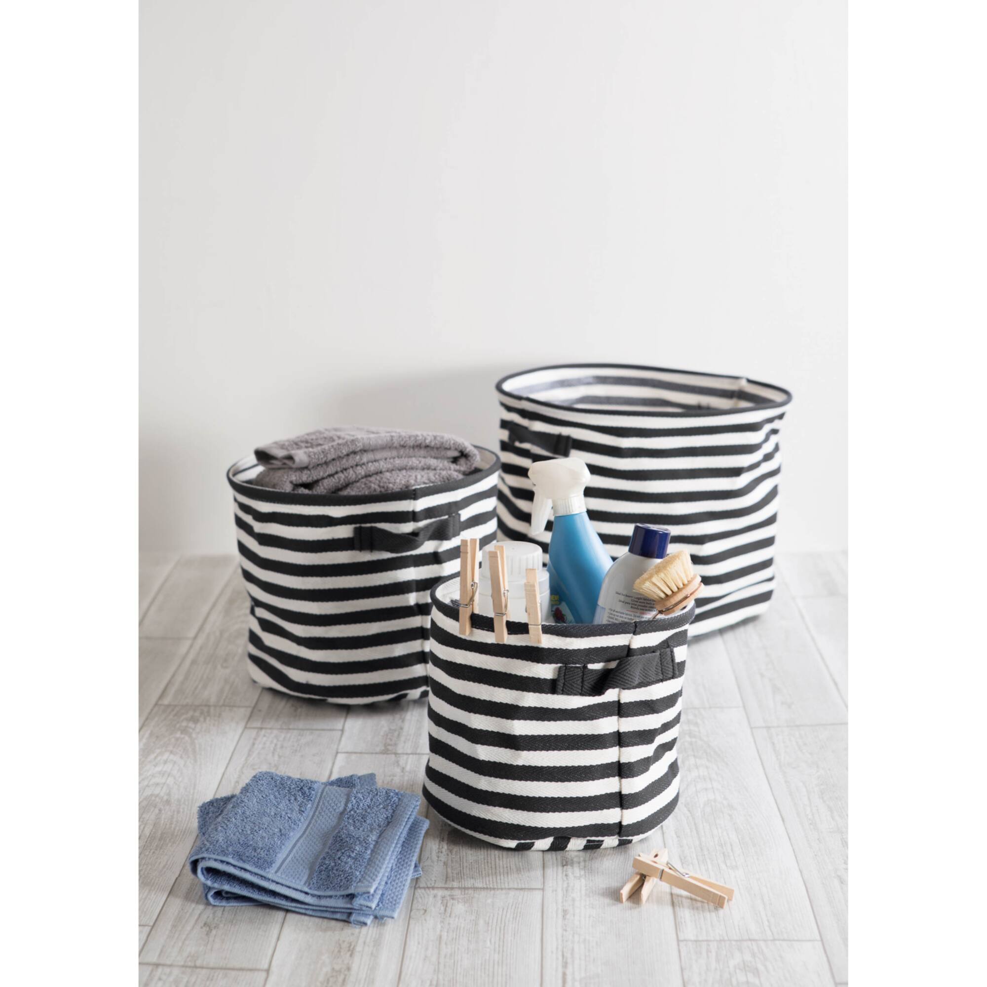 DII® Round Stripes PE-Coated Herringbone Woven Cotton Laundry Bin Set